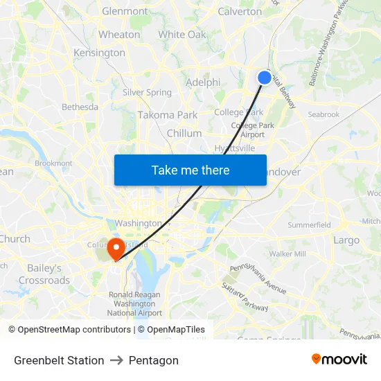 Greenbelt Station to Pentagon map