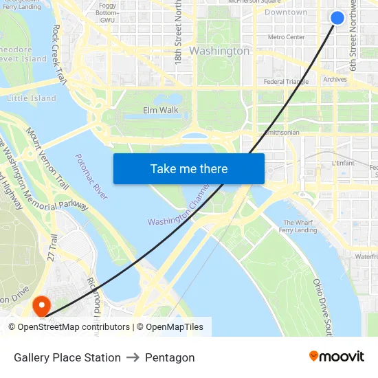 Gallery Place Station to Pentagon map