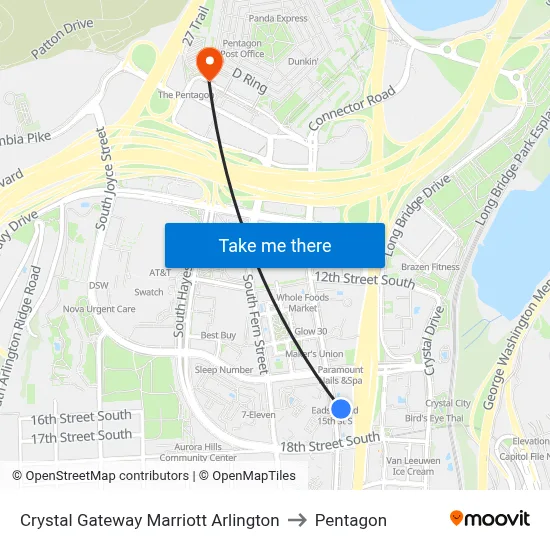 Crystal Gateway Marriott Arlington to Pentagon map