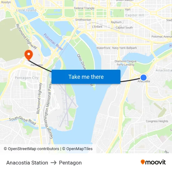 Anacostia Station to Pentagon map