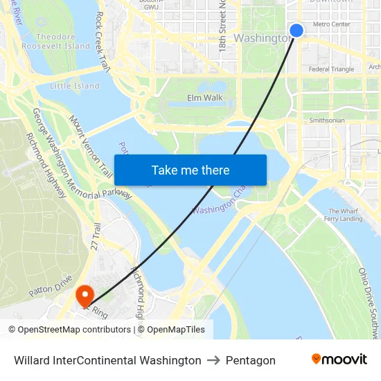 Willard InterContinental Washington to Pentagon map