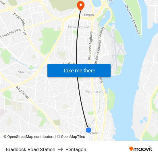 Braddock Road Station to Pentagon map