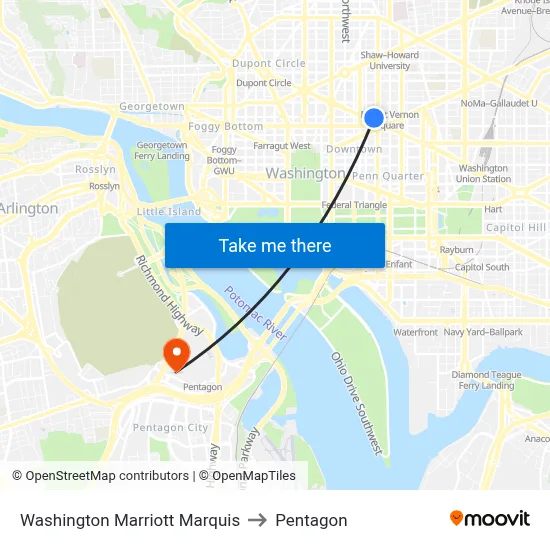 Washington Marriott Marquis to Pentagon map