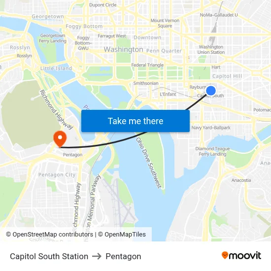 Capitol South Station to Pentagon map
