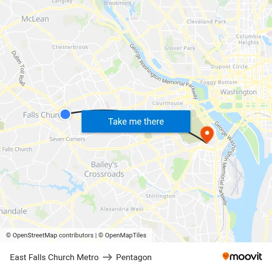 East Falls Church Metro to Pentagon map