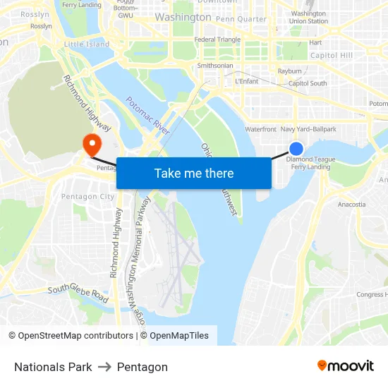 Nationals Park to Pentagon map