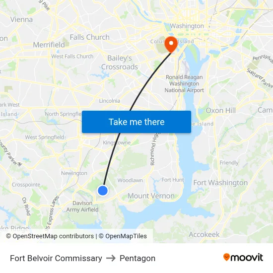 Fort Belvoir Commissary, 6020 Gorgas Rd to Pentagon map