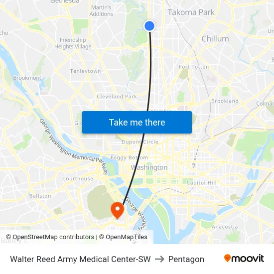 Walter Reed Army Medical Center-SW to Pentagon map