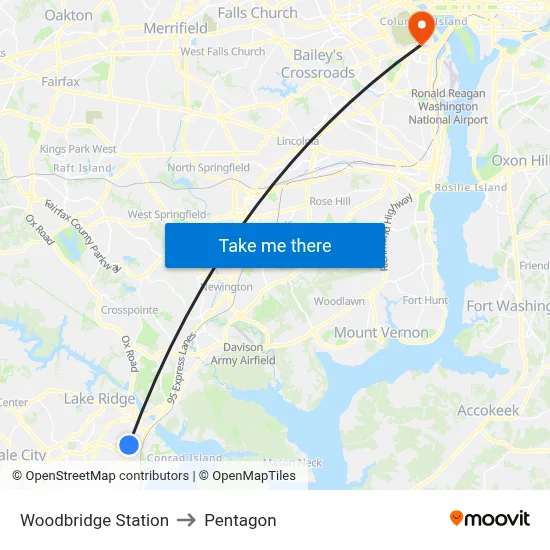 Woodbridge Station to Pentagon map