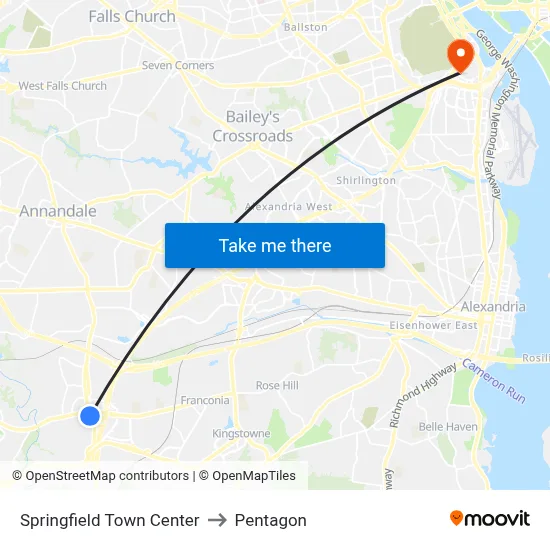 Springfield Town Center to Pentagon map