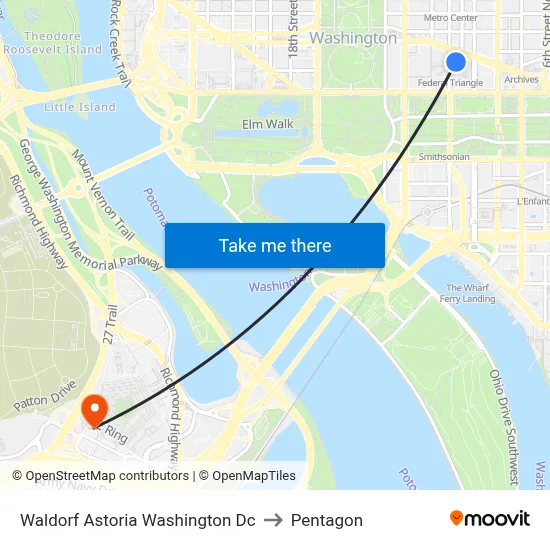 Waldorf Astoria Washington Dc to Pentagon map