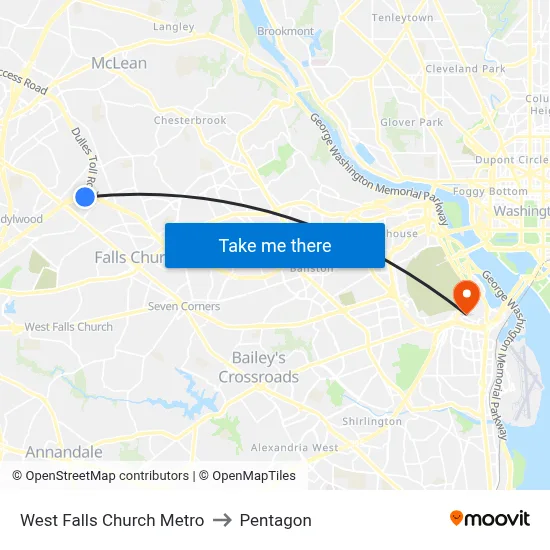 West Falls Church Metro to Pentagon map