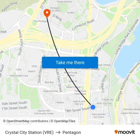 Crystal City Station (VRE) to Pentagon map