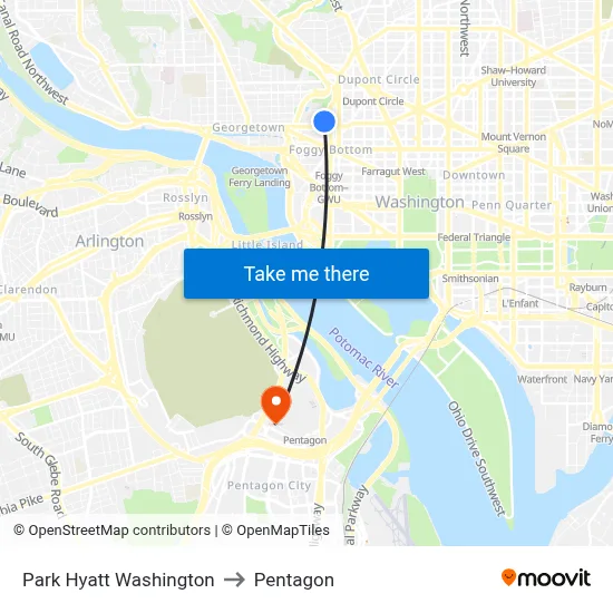 Park Hyatt Washington to Pentagon map