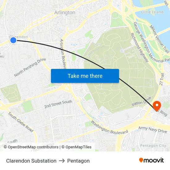 Ballston Substation to Pentagon map