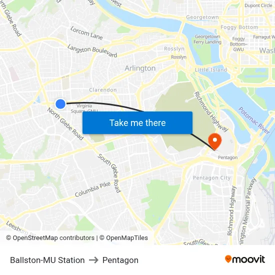 Ballston-MU Station to Pentagon map