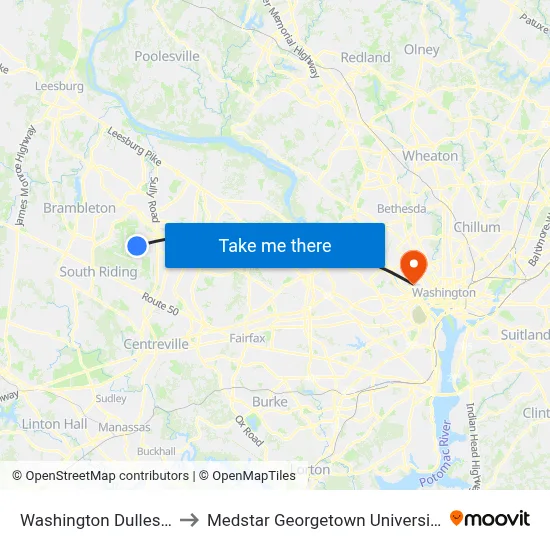 Washington Dulles Airport to Medstar Georgetown University Hospital map