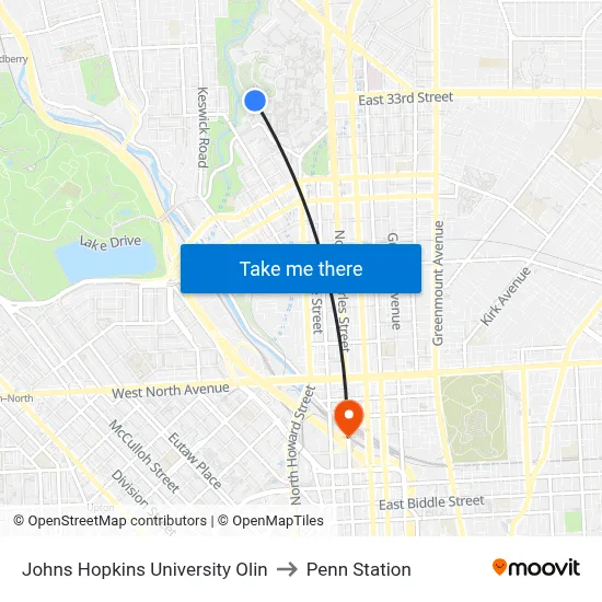Johns Hopkins University Olin to Penn Station map