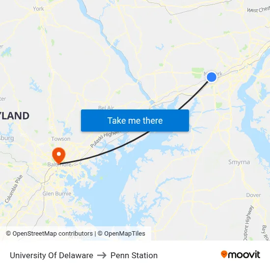 University Of Delaware to Penn Station map