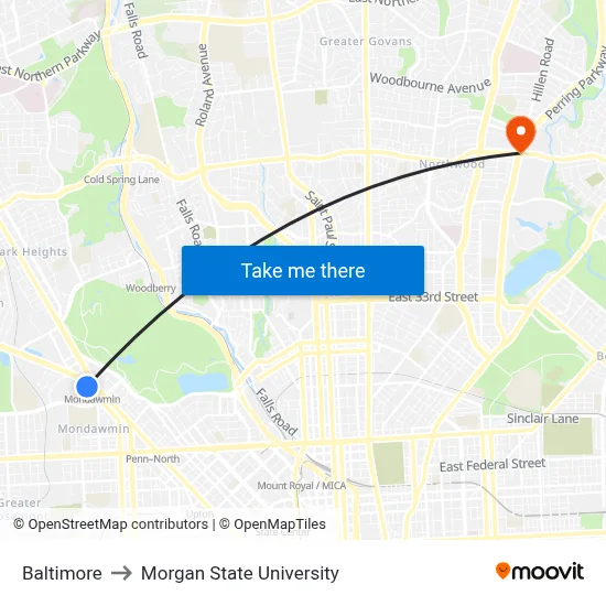 Baltimore to Morgan State University map