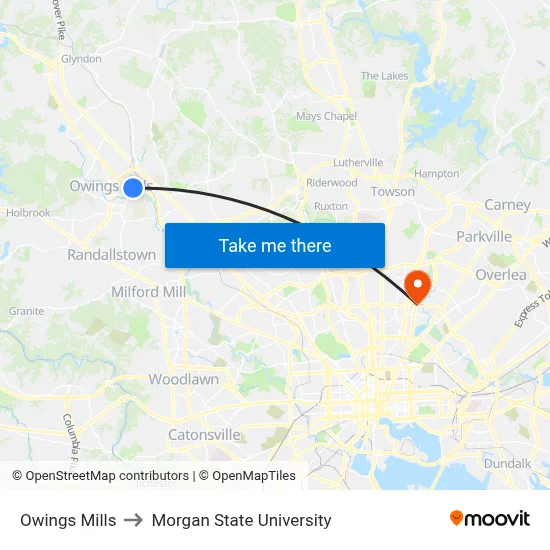 Owings Mills to Morgan State University map