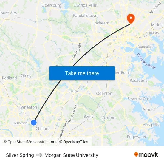 Silver Spring to Morgan State University map