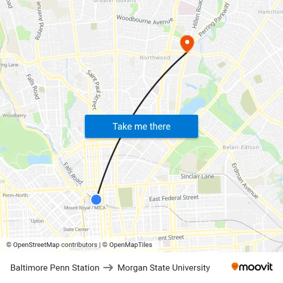Baltimore Penn Station to Morgan State University map