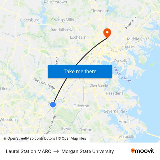 Laurel Station MARC to Morgan State University map