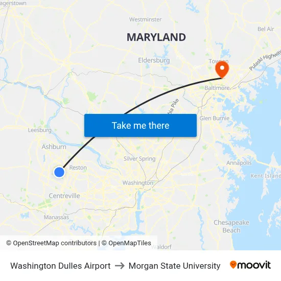 Washington Dulles Airport to Morgan State University map