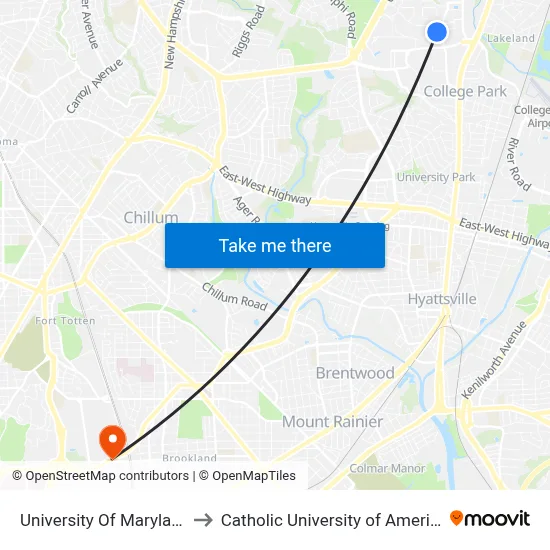 University Of Maryland to Catholic University of America map