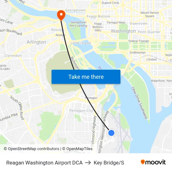 Reagan Washington Airport DCA to Key Bridge/S map