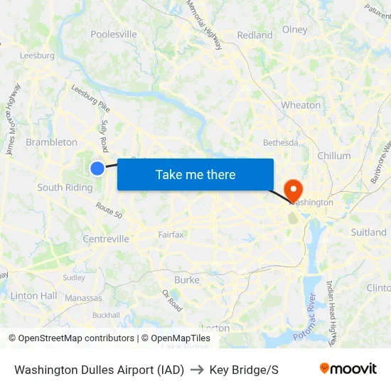 Washington Dulles Airport (IAD) to Key Bridge/S map