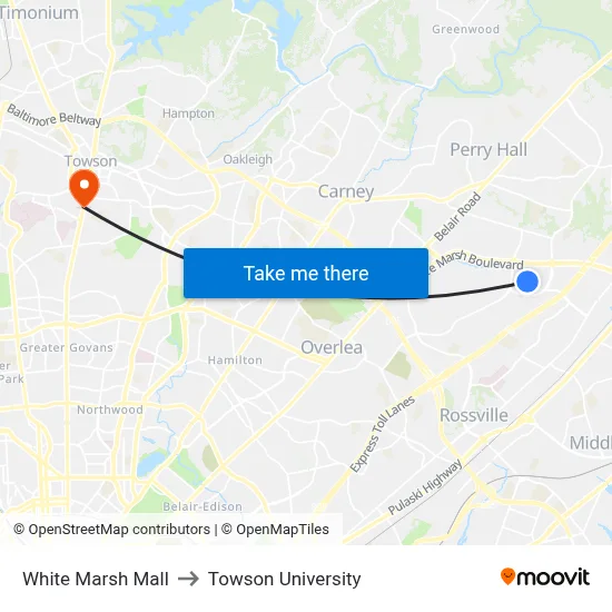 White Marsh Mall to Towson University map