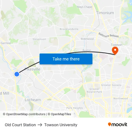 Old Court Station to Towson University map