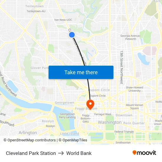 Cleveland Park Station to World Bank map
