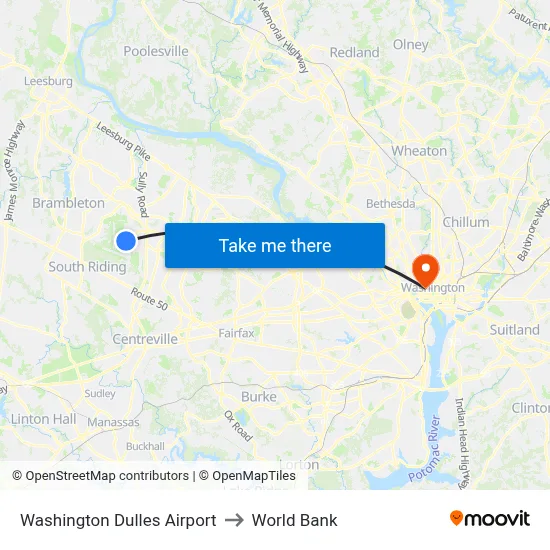 Washington Dulles Airport to World Bank map
