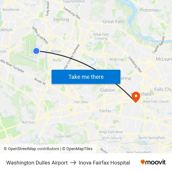 Washington Dulles Airport to Inova Fairfax Hospital map