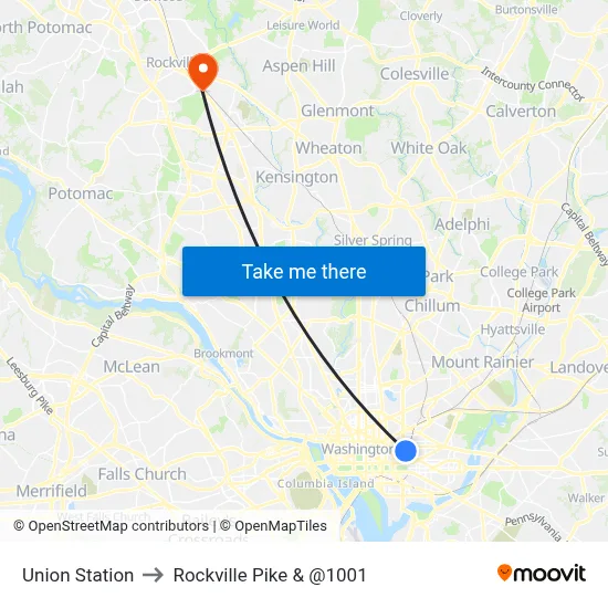 Union Station to Rockville Pike & @1001 map