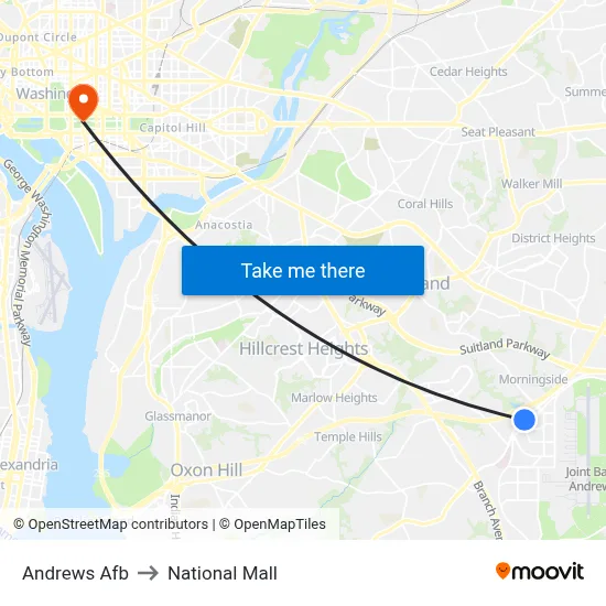 Andrews Afb to National Mall map