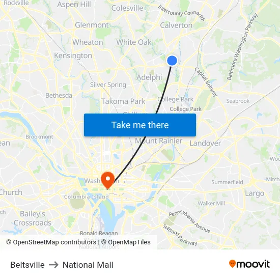 Beltsville to National Mall map