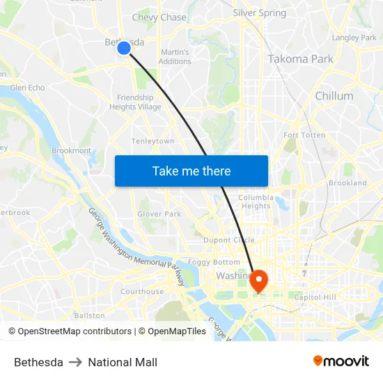 Bethesda to National Mall map