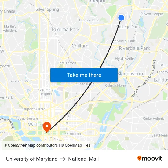 University of Maryland to National Mall map