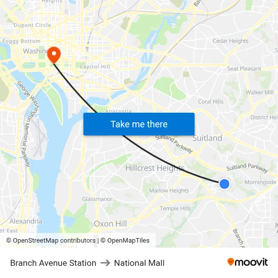 Branch Avenue Station to National Mall map