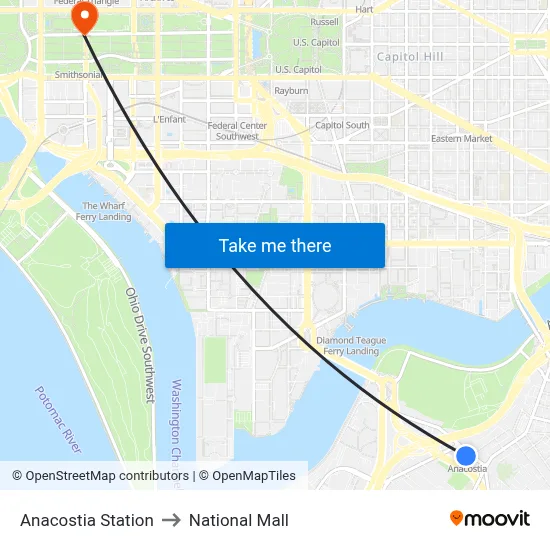 Anacostia Station to National Mall map
