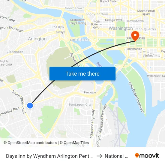 Days Inn by Wyndham Arlington Pentagon to National Mall map
