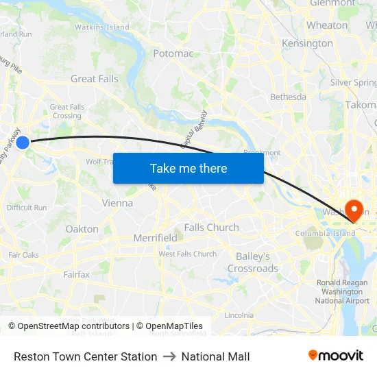 Reston Town Center Station to National Mall map