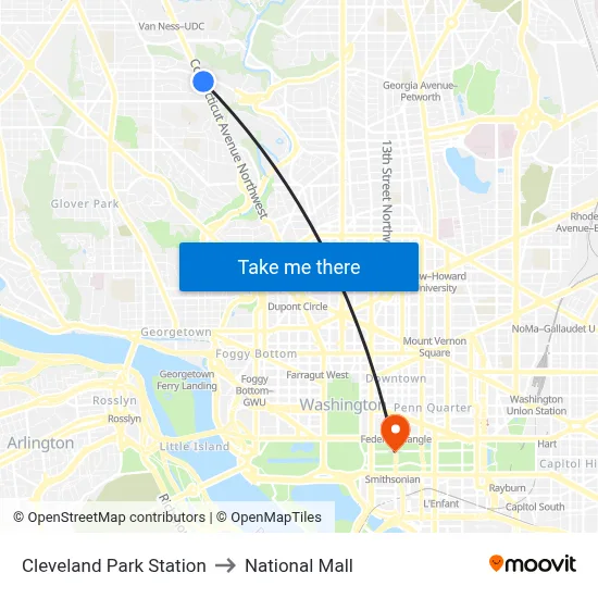 Cleveland Park Station to National Mall map