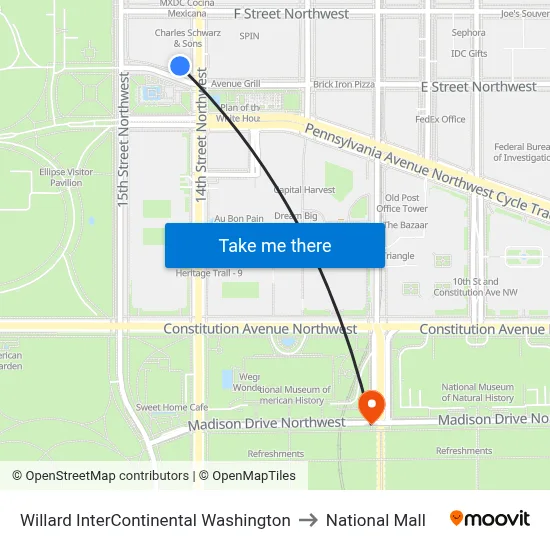 Willard InterContinental Washington to National Mall map