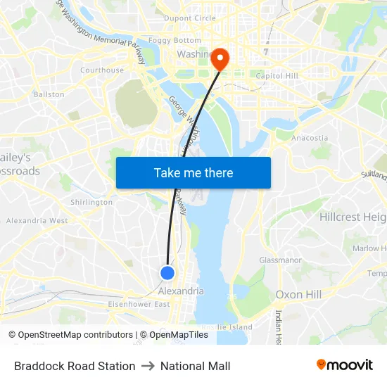 Braddock Road Station to National Mall map