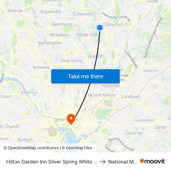 Hilton Garden Inn Silver Spring White Oak to National Mall map